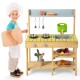 Backyard pretend play toy kitchen with stove top, solid pine wood, multiple shelves, ideal for outdoor imaginative play.
