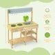 Backyard pretend play toy kitchen with stove top, solid pine wood, multiple shelves, suitable for kids aged 3-8 years.