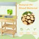 Backyard pretend play toy kitchen made of natural fir wood with stove top, featuring multiple shelves for storage.