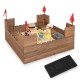 Kids wooden sandbox with red flags, solid cedar wood, includes bottom liner, accommodates 2 kids for outdoor play.