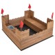 Kids wooden sandbox showcasing a unique city wall theme with red flags, spacious area for up to 2 kids to enjoy.