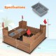 Kids wooden sandbox with red flags, solid cedar wood, removable storage boxes, and ground liner for outdoor play.