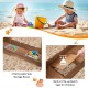 Kids wooden sandbox with removable storage boxes, featuring a durable cedar wood structure and built-in bench for.