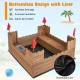 Kids wooden sandbox with bottom liner, red flags, and removable storage boxes for outdoor play and ventilation.