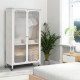 Rolling storage armoire closet in white with hanging rod, adjustable shelf, and casters for easy movement in a bedroom.