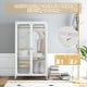 Rolling storage armoire closet in white with adjustable shelf, hanging rod, and anti-toppling device for safety.