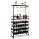 Freestanding wine bakers rack with 4-tier wine storage, stemware racks, and a robust metal frame for home bar use.