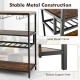 Wine rack table featuring a stable metal construction with 4 rows for 20 glasses and 3 open shelves for storage.