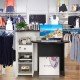 Front reception office desk in black and white with adjustable shelf and lockable drawer, ideal for retail or office.