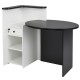 L-shaped black and white reception office desk with oval tabletop, adjustable shelf, and lockable drawer for secure.
