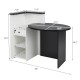 Front view of the Front Reception Office Desk in black and white, featuring an oval tabletop and adjustable shelf.