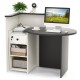L-shaped black and white reception office desk with adjustable shelf and lockable drawer for organized storage.