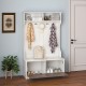 3 in 1 coat rack with entryway bench, featuring hooks, storage compartments, and a white finish for hallway.