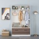 3 in 1 coat rack with entryway bench, featuring open compartments, hooks, and enclosed cabinet for hallway storage.