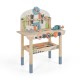 Kids play tool workbench featuring 8 wooden tools, 55 accessories, and a magnetic tool rack for creative play.