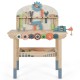 Kids play tool workbench with a sturdy wooden frame, featuring a bottom shelf for storing accessories and tools.