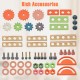 Colorful wooden accessories for kids' play tool workbench, including gears, screws, and storage components for creative.