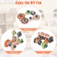 Colorful wooden accessories for kids' play tool workbench, including a racing car, tank, and photo frame for creative.