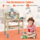 Kids play tool workbench featuring 8 wooden tools, 55 accessories, and a storage shelf for creative hands-on play.
