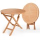 Round folding coffee table made of teak wood, 31.5" wide, perfect for outdoor dining and space-saving storage.