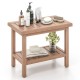 Teak shower bench with 2-tier storage shelf, featuring a ventilated slat design and non-slip rubber foot pads for.