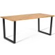 Acacia wood tabletop dining table with black metal legs and umbrella hole, ideal for outdoor patio use.