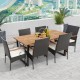 7-piece patio rattan dining set with acacia wood tabletop and ergonomic cushions, perfect for outdoor dining.