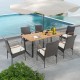 7-piece patio rattan dining set with acacia wood tabletop and ergonomic cushions, perfect for backyard or poolside.