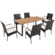 7-piece patio rattan dining set featuring an acacia wood tabletop and ergonomic chairs, perfect for outdoor gatherings.