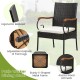 Patio wicker dining chair with acacia wood armrests, ergonomic backrest, and adjustable footpads for outdoor comfort.