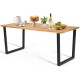 Acacia wood tabletop dining table with black metal legs, ideal for outdoor use in patios or backyards.