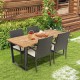 5-piece patio rattan dining set featuring an acacia wood tabletop, seat cushions, and an umbrella hole, perfect for.