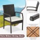 Patio wicker dining chair with ergonomic backrest and cushion, featuring a sturdy X-shaped metal frame for outdoor use.