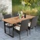 5-piece patio rattan dining set with acacia wood tabletop and cushions, ideal for poolside or backyard dining.