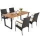 5-piece patio rattan dining set with acacia wood tabletop and ergonomic chairs, perfect for poolside or backyard dining.