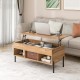 Living room central table with lifting tabletop, natural wood finish, metal legs, and storage cubbies for versatile use.