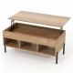 Lifting tabletop central table in natural wood finish with metal legs, featuring open cubbies for storage and display.