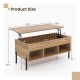 Lifting tabletop central table with metal legs, featuring concealed storage and three open cubbies for living room use.