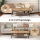 Living room central table with lifting tabletop, metal legs, and open cubbies for versatile use as a coffee or working.
