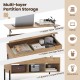 Living room central table with lifting tabletop, natural wood finish, and metal legs, ideal for storage and display.