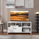 Modern media console table in white with 3 open compartments and 1 storage drawer, ideal for living room use.