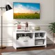 Modern media console table in white with 3 open compartments and 1 storage drawer, perfect for living room use.