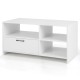 Modern media console table in white featuring 3 open compartments and 1 storage drawer, ideal for living room use.