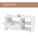 Modern media console table in white showcasing dimensions and inner drawer size, ideal for versatile storage solutions.