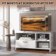 Modern media console table in white with 3 open compartments and 1 storage drawer, suitable for TVs up to 50 inches.