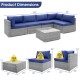 L-shaped 6 piece patio conversation sofa set with navy cushions and tempered glass coffee table, ideal for outdoor.