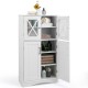 Freestanding white bathroom cabinet with adjustable shelves and glass doors, ideal for organized storage.