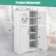 4-door white bathroom floor cabinet with adjustable shelves, featuring transparent glass doors and ample storage space.