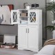 White freestanding bathroom cabinet with adjustable shelves and glass doors, providing ample storage space for various.