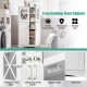 Freestanding white bathroom floor cabinet with transparent glass doors, adjustable shelves, and sturdy MDF construction.